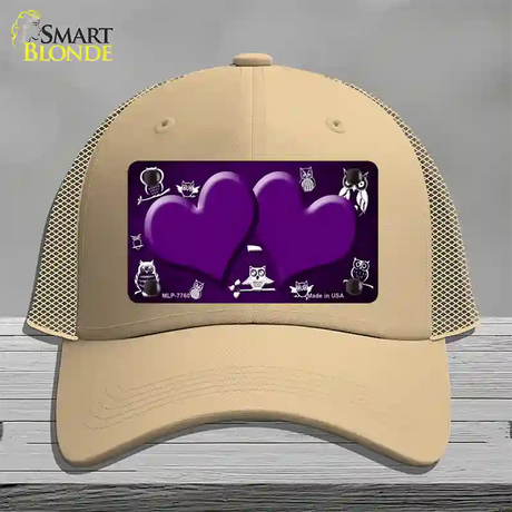 Purple White Owl Hearts Oil Rubbed Novelty License Plate Hat Mesh / Khaki