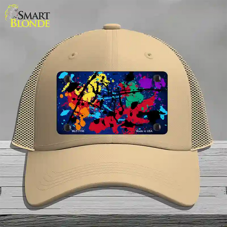 Blue Splatter Oil Rubbed Novelty License Plate Hat Mesh / Khaki