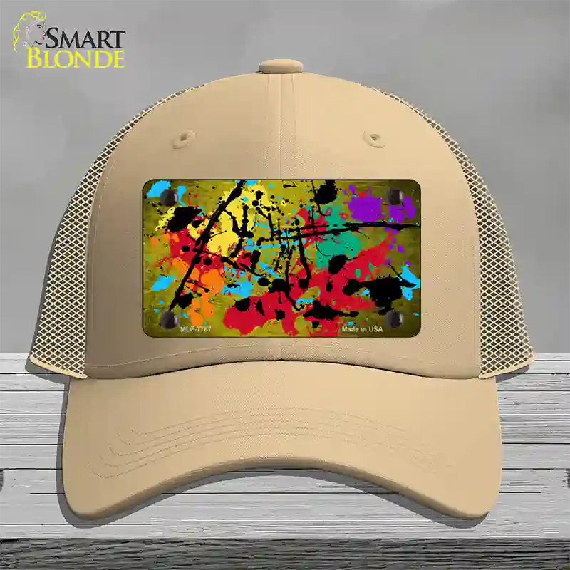 Yellow Splatter Oil Rubbed Novelty License Plate Hat Mesh / Khaki