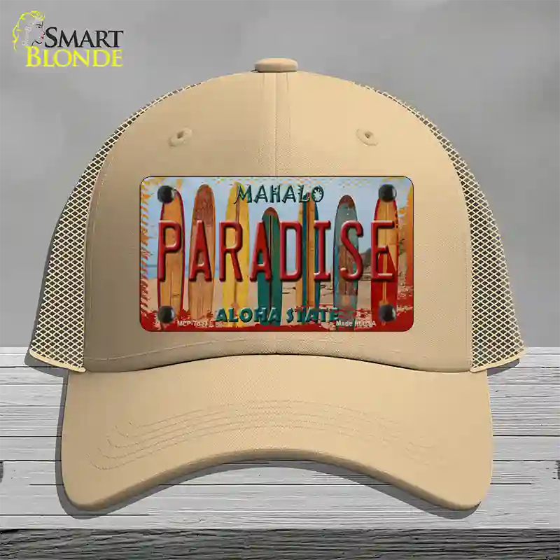 Paradise Surfboards Hawaii State Novelty License Plate Hat Mesh / Khaki