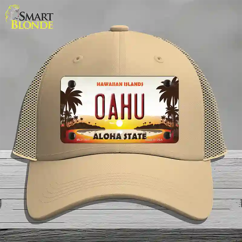 Oahu Hawaiian Islands Novelty License Plate Hat Mesh / Khaki