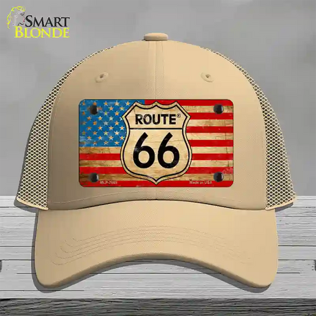 Route 66 American Flag Novelty License Plate Hat Mesh / Khaki