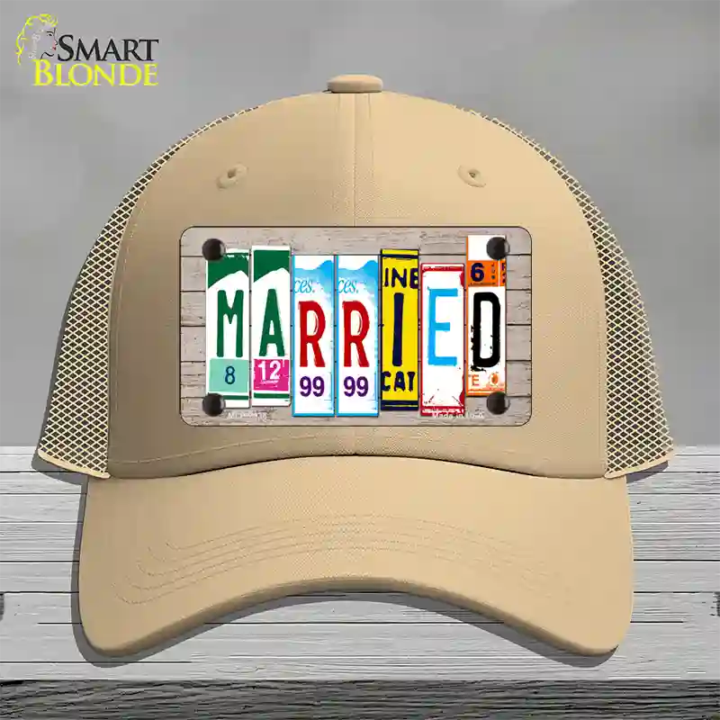 Married Wood License Plate Art Novelty License Plate Hat Mesh / Khaki