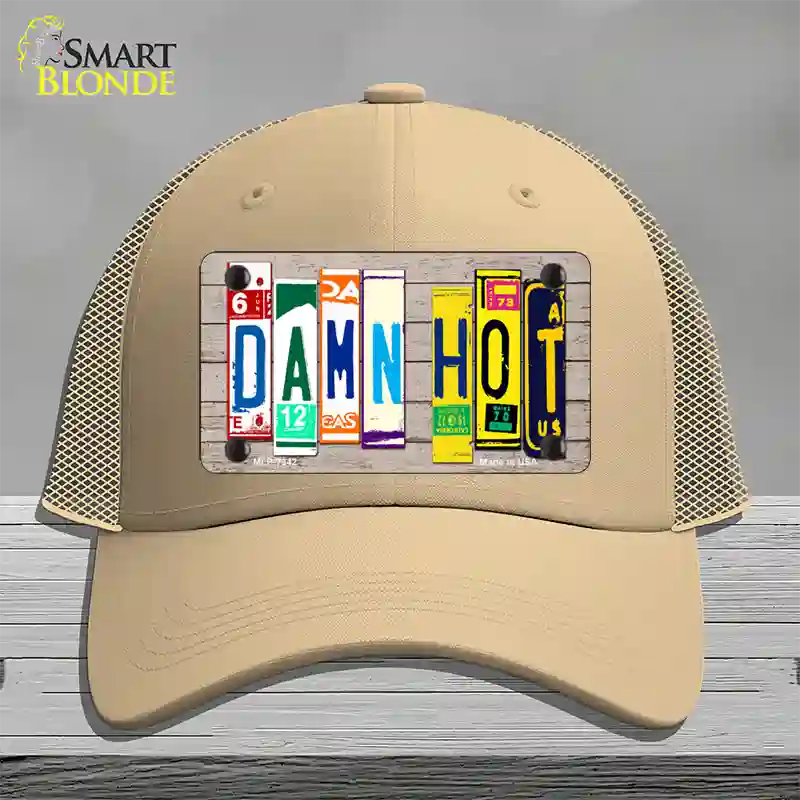 Damn Hot Wood License Plate Art Novelty License Plate Hat Mesh / Khaki