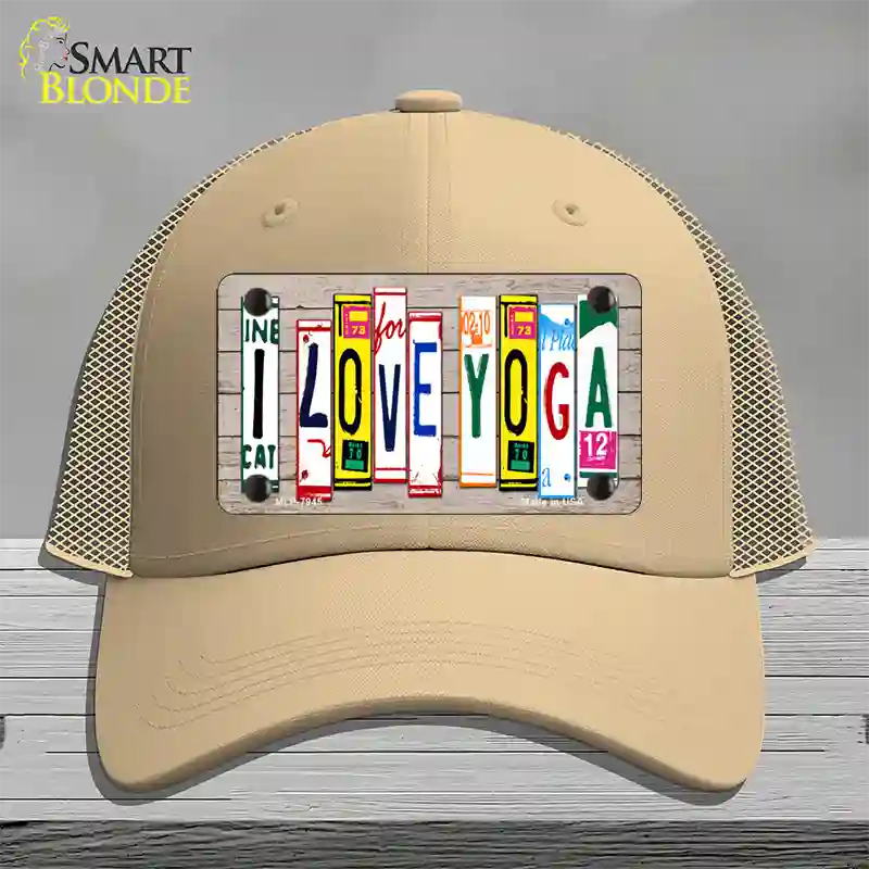 I Love Yoga Wood License Plate Art Novelty License Plate Hat Mesh / Khaki