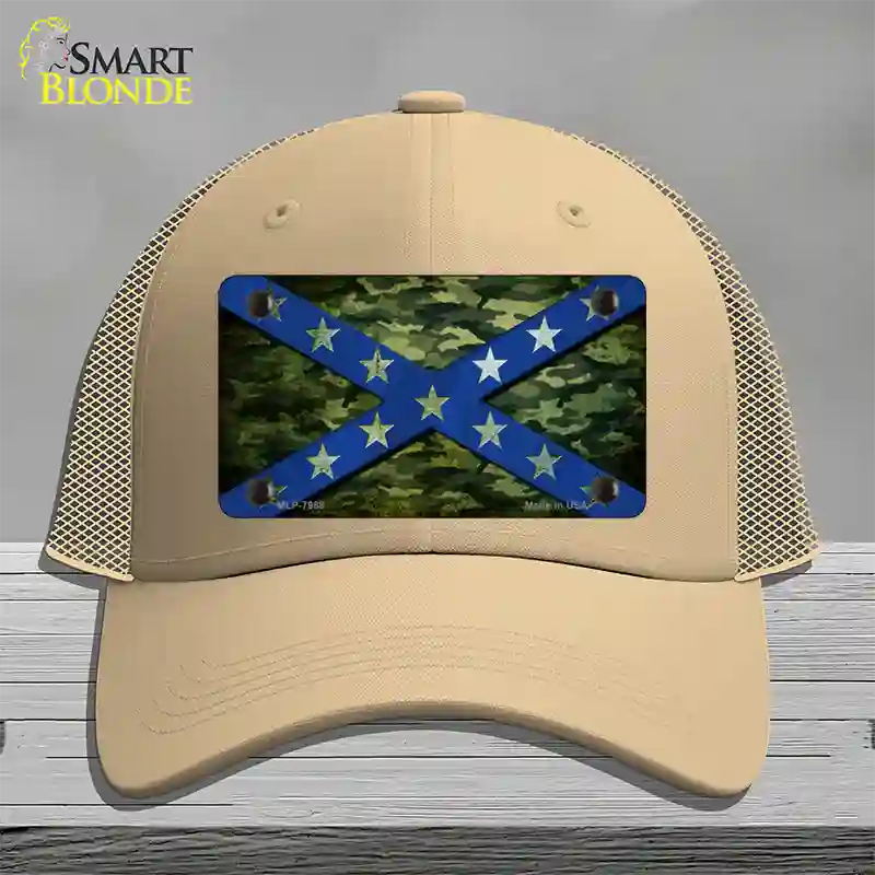 Confederate Stripes Blue Camo Novelty License Plate Hat Mesh / Khaki