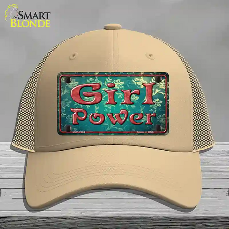 Girl Power Flower Novelty License Plate Hat Mesh / Khaki