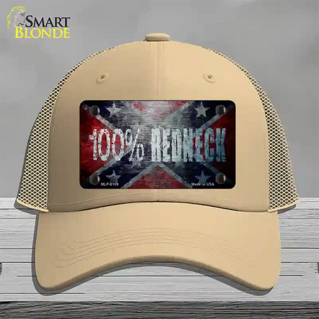 100% Redneck Confederate Novelty License Plate Hat Mesh / Khaki