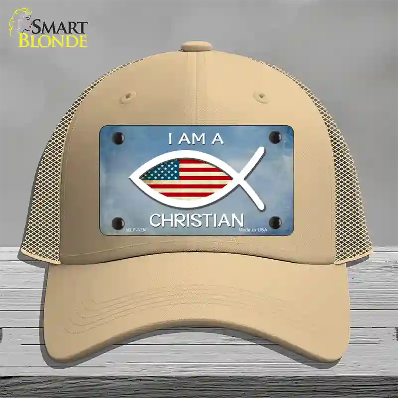 I Am A Christian Novelty License Plate Hat Mesh / Khaki