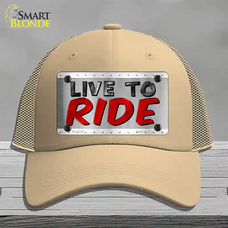 Live To Ride Shiny Novelty License Plate Hat Mesh / Khaki