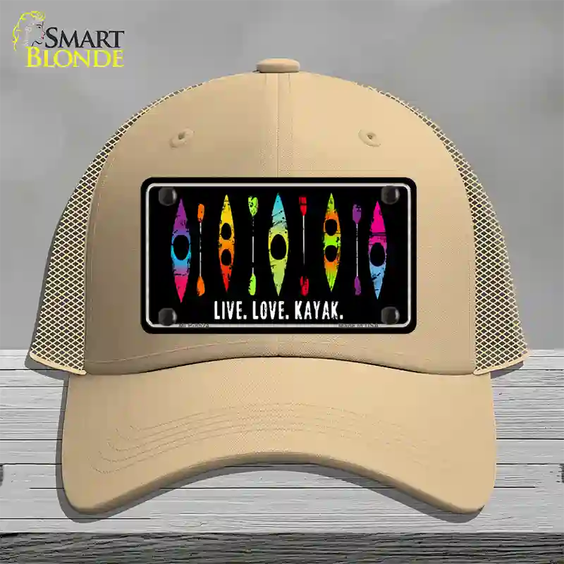 Live Love Kayak Novelty License Plate Hat Mesh / Khaki