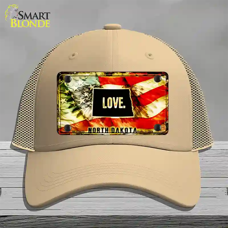 North Dakota Love Novelty License Plate Hat Mesh / Khaki