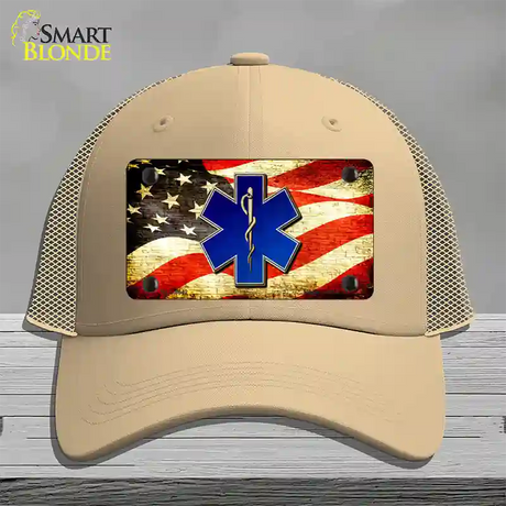 EMT Logo With USA Flag Novelty License Plate Hat Mesh / Khaki