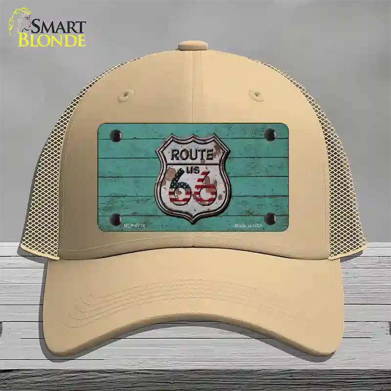 Route 66 Rusty On Wood Novelty License Plate Hat Mesh / Khaki