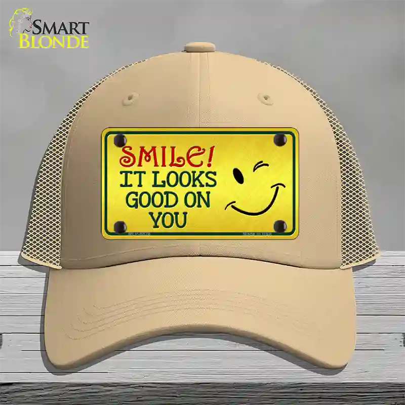 Smile Looks Good Novelty License Plate Hat Mesh / Khaki