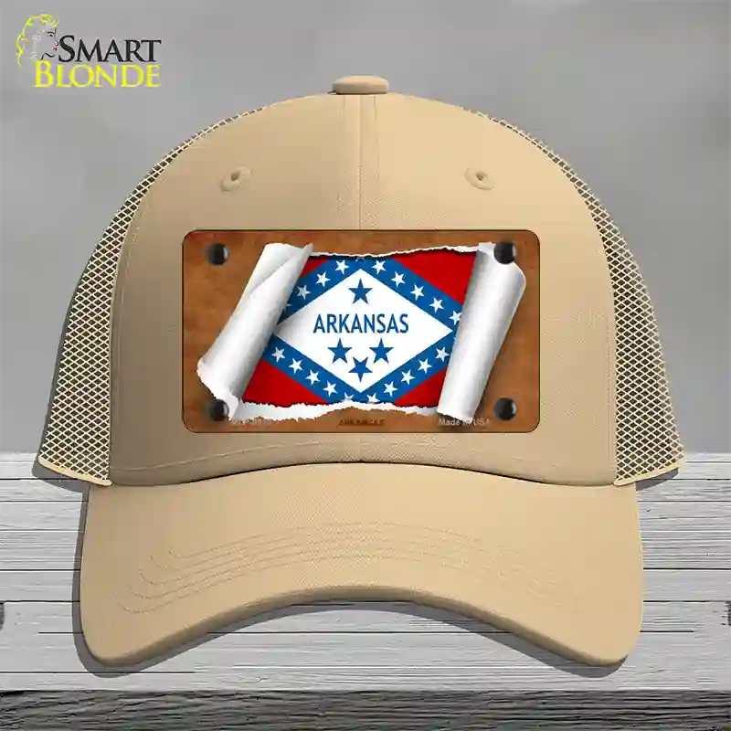 Arkansas Flag Scroll Novelty License Plate Hat Mesh / Khaki