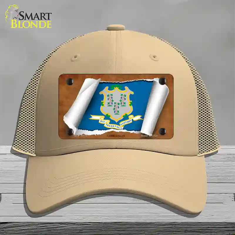 Connecticut Flag Scroll Novelty License Plate Hat Mesh / Khaki