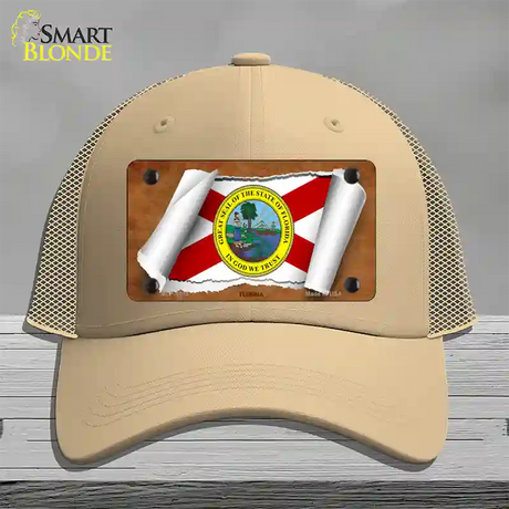 Florida Flag Scroll Novelty License Plate Hat Mesh / Khaki