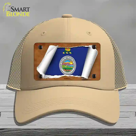 Kansas Flag Scroll Novelty License Plate Hat Mesh / Khaki