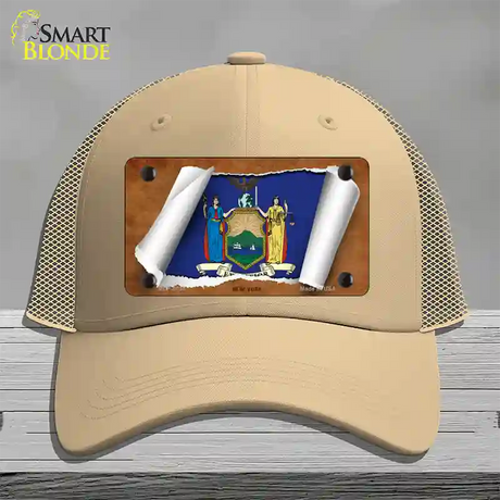 New York Flag Scroll Novelty License Plate Hat Mesh / Khaki