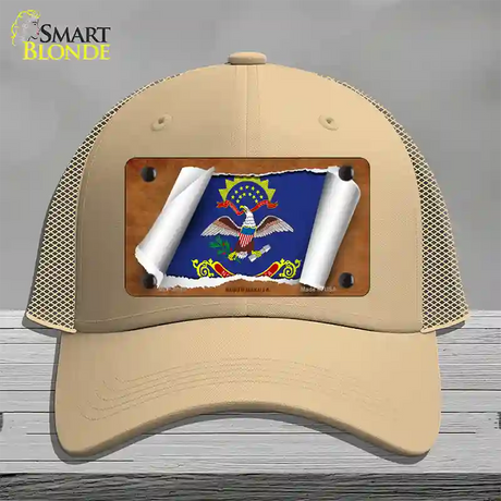 North Dakota Flag Scroll Novelty License Plate Hat Mesh / Khaki