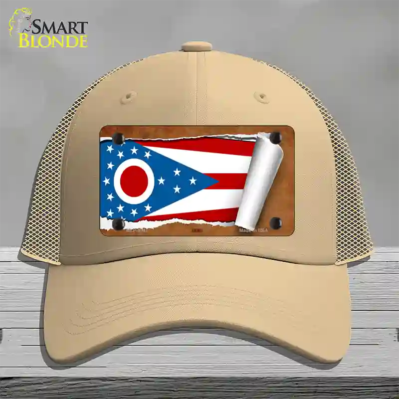 Ohio Flag Scroll Novelty License Plate Hat Mesh / Khaki