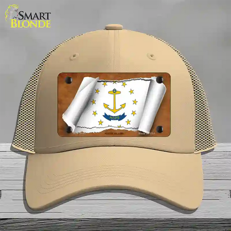 Rhode Island Flag Scroll Novelty License Plate Hat Mesh / Khaki