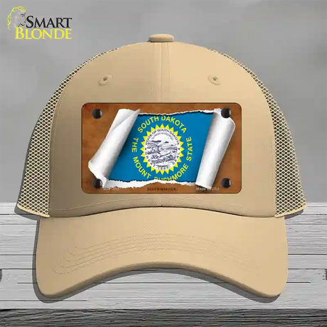 South Dakota Flag Scroll Novelty License Plate Hat Mesh / Khaki