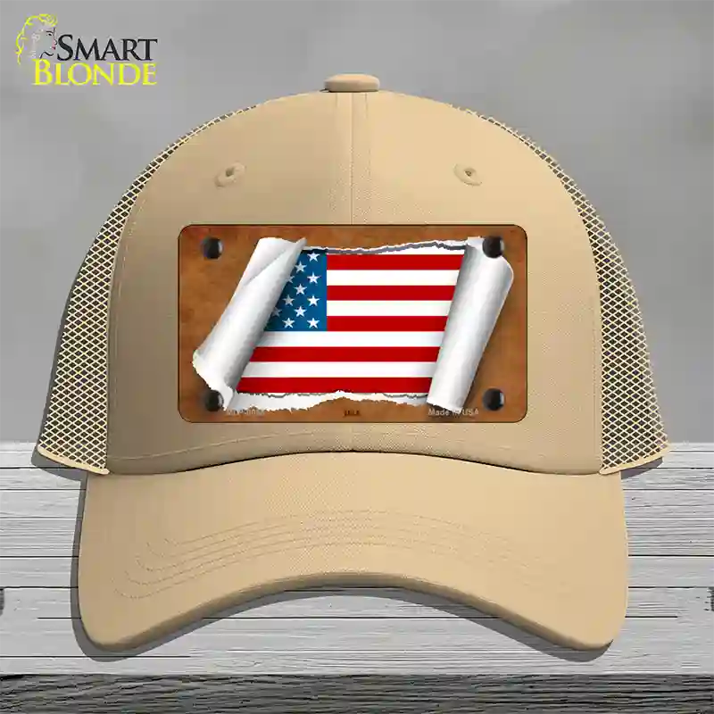 American Flag Scroll Novelty License Plate Hat Mesh / Khaki