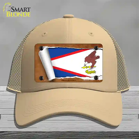 American Samoa Flag Scroll Novelty License Plate Hat Mesh / Khaki