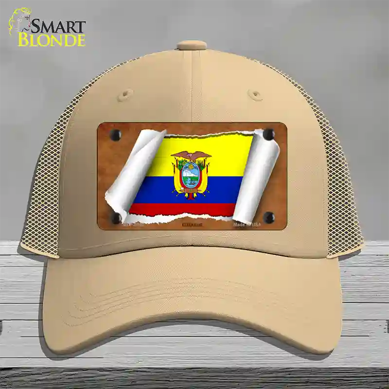 Ecuador Flag Scroll Novelty License Plate Hat Mesh / Khaki