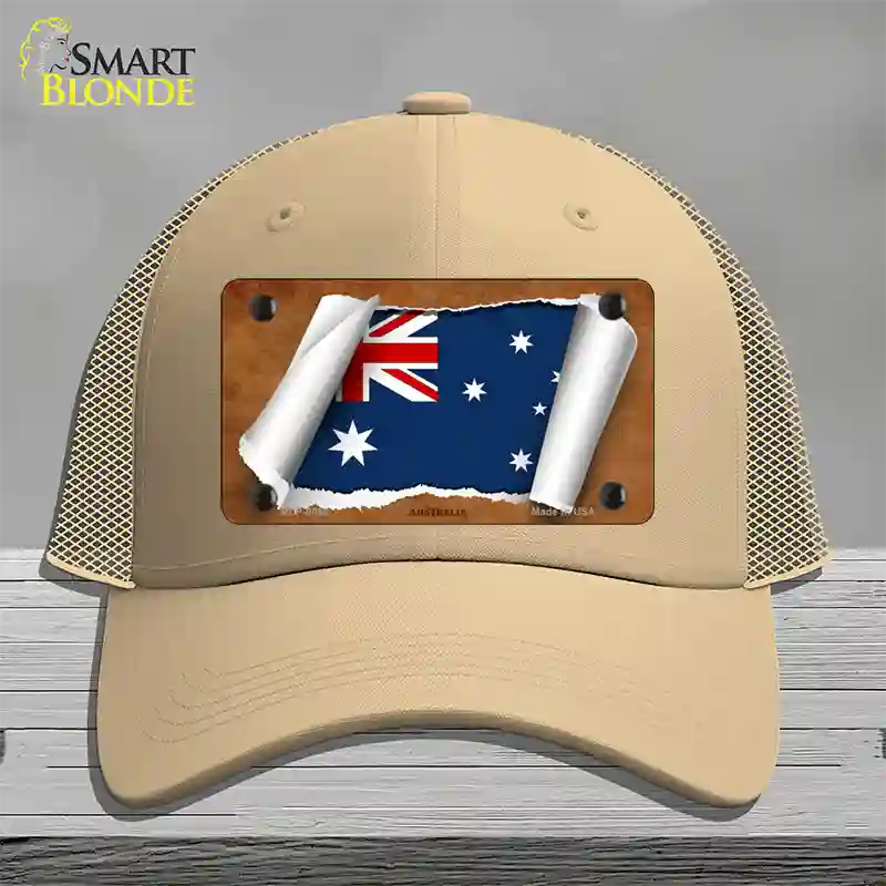 Australia Flag Scroll Novelty License Plate Hat Mesh / Khaki