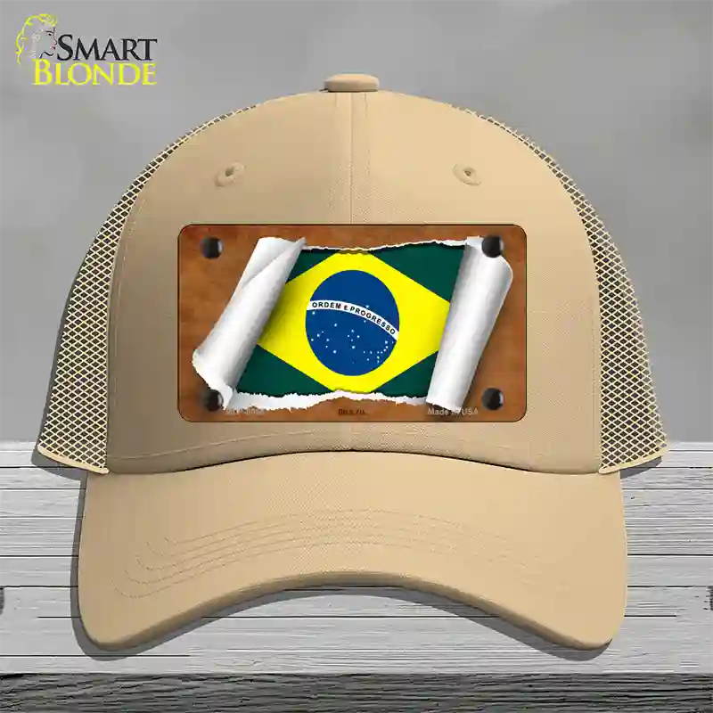 Brazil Flag Scroll Novelty License Plate Hat Mesh / Khaki