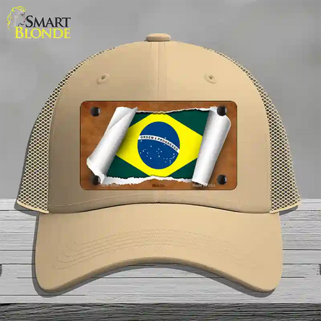 Brazil Flag Scroll Novelty License Plate Hat Mesh / Khaki