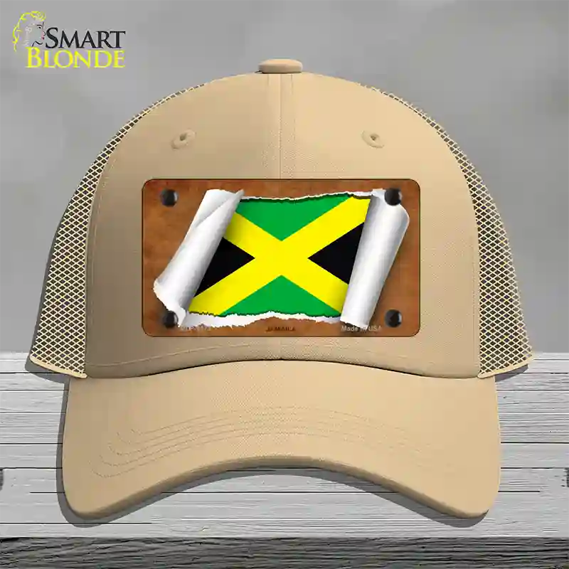 Jamaica Flag Scroll Novelty License Plate Hat Mesh / Khaki