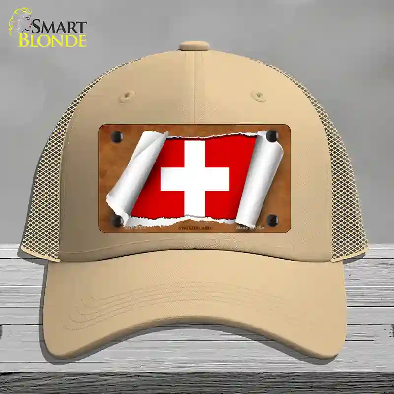 Switzerland Flag Scroll Novelty License Plate Hat Mesh / Khaki