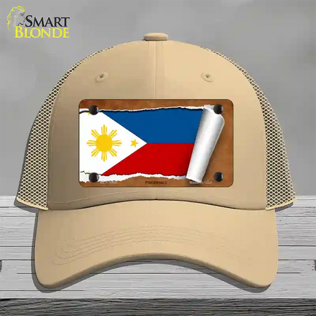 Philippines Flag Scroll Novelty License Plate Hat Mesh / Khaki