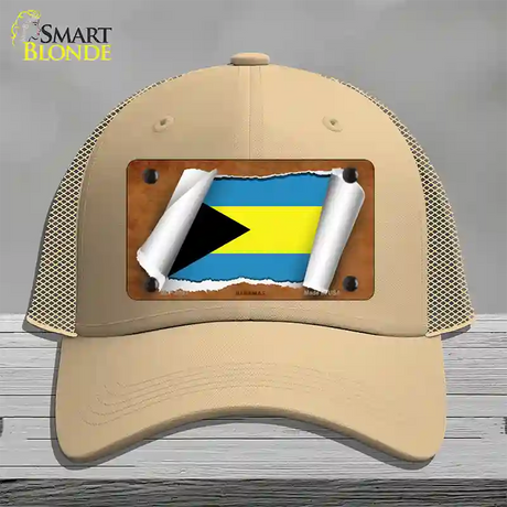 Bahamas Flag Scroll Novelty License Plate Hat Mesh / Khaki