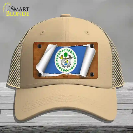 Belize Flag Scroll Novelty License Plate Hat Mesh / Khaki