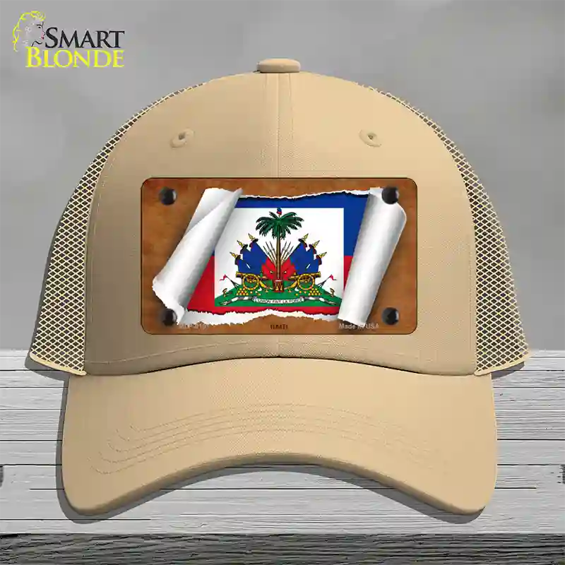 Haiti Flag Scroll Novelty License Plate Hat Mesh / Khaki