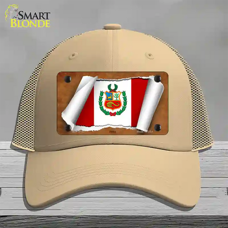 Peru Flag Scroll Novelty License Plate Hat Mesh / Khaki