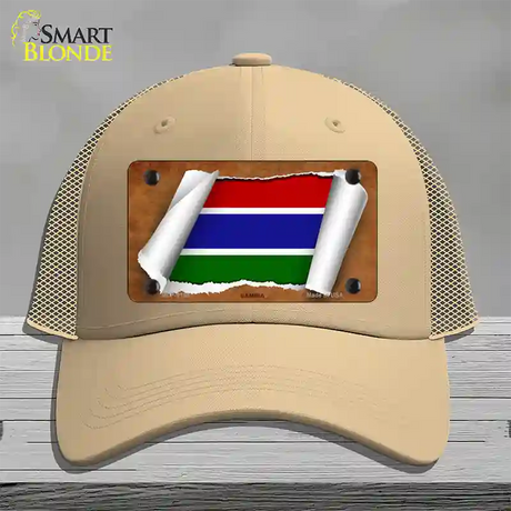 Gambia Flag Scroll Novelty License Plate Hat Mesh / Khaki