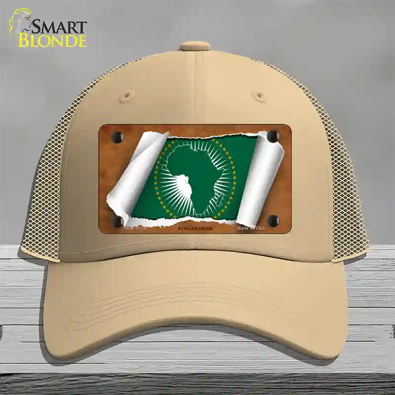 African Union Flag Scroll Novelty License Plate Hat Mesh / Khaki