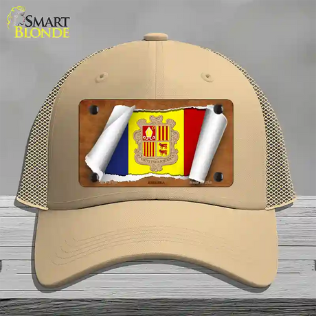 Andorra Flag Scroll Novelty License Plate Hat Mesh / Khaki