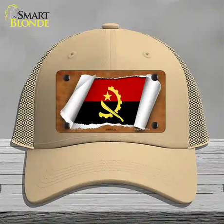 Angola Flag Scroll Novelty License Plate Hat Mesh / Khaki