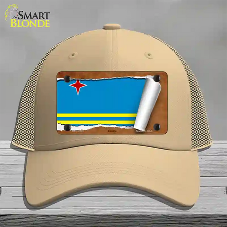 Aruba Flag Scroll Novelty License Plate Hat Mesh / Khaki