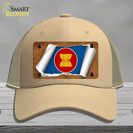 Asean Flag Scroll Novelty License Plate Hat Mesh / Khaki