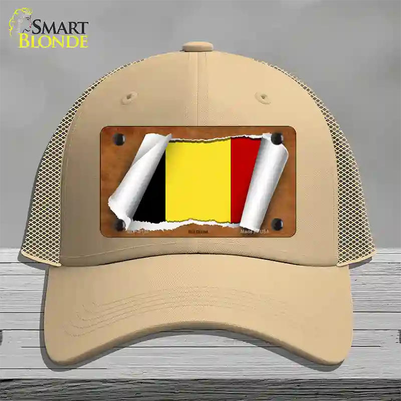 Belgium Flag Scroll Novelty License Plate Hat Mesh / Khaki