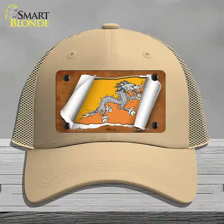 Bhutan Flag Scroll Novelty License Plate Hat Mesh / Khaki