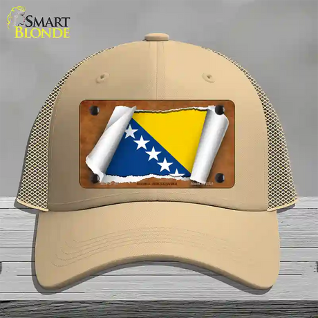 Bosnia-Herzegovina Flag Scroll Novelty License Plate Hat Mesh / Khaki